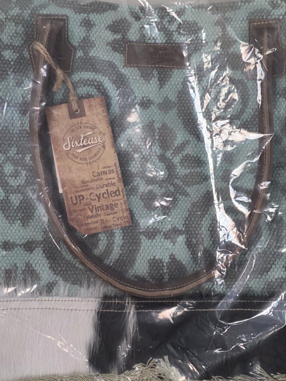 Sixtease Western Weekender Bag NWT Canvas Faux Cowhide Turquoise 19” Travel Tote